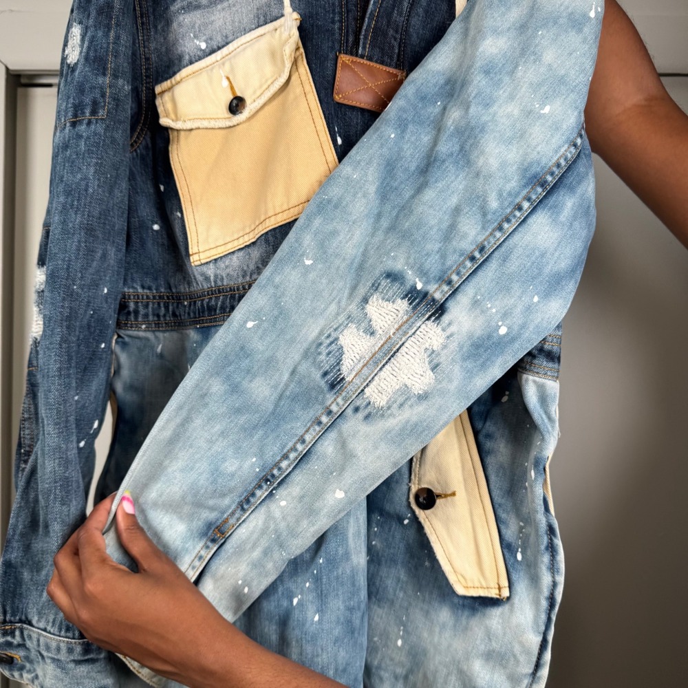 Play Cloths Mens‎ Denim Anorak Jacket Blue Distressed Graphic Hooded Streetwear - Picture 5 of 6